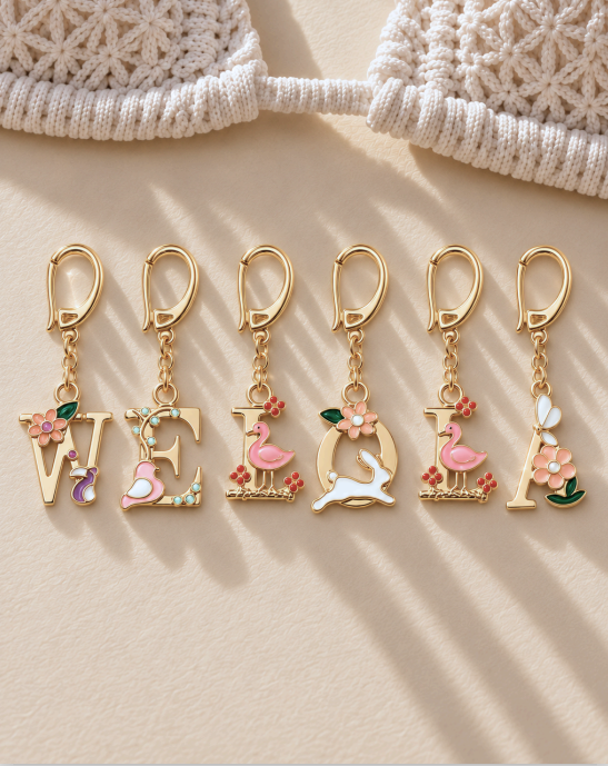 Floral Letter E Pendant Necklace, Swimsuit &amp; Bag Charm