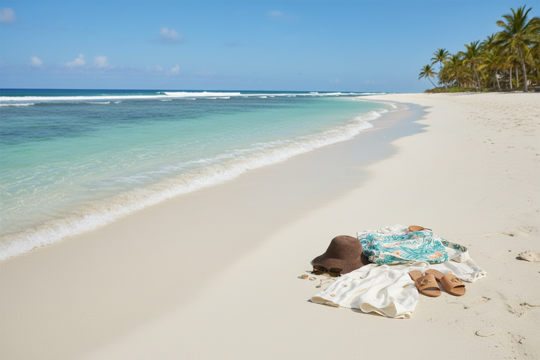Luxury resort accessories including a woven brown sun hat, tortoise sunglasses, gold jewelry, and linen layers beside the ocean at golden hour